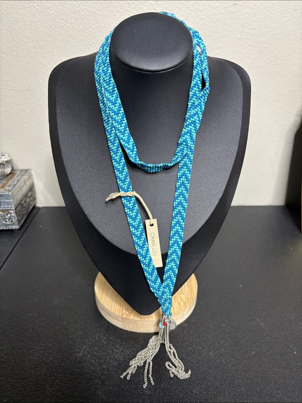Chan Luu Turquoise Aqua Glass Seed Bead Rope Necklace with Silver Tassel
